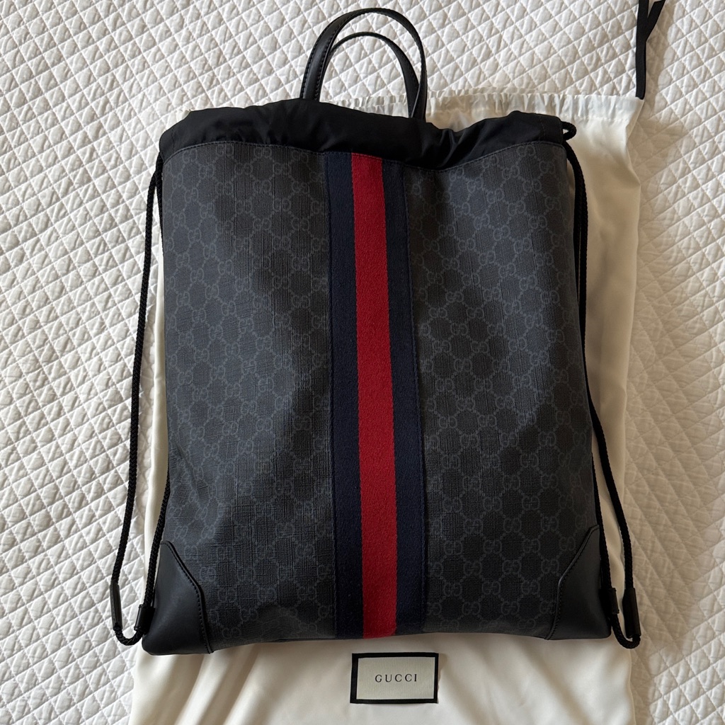 New Gucci Leather And Canvas Drawstring Backpack With Gucci Web